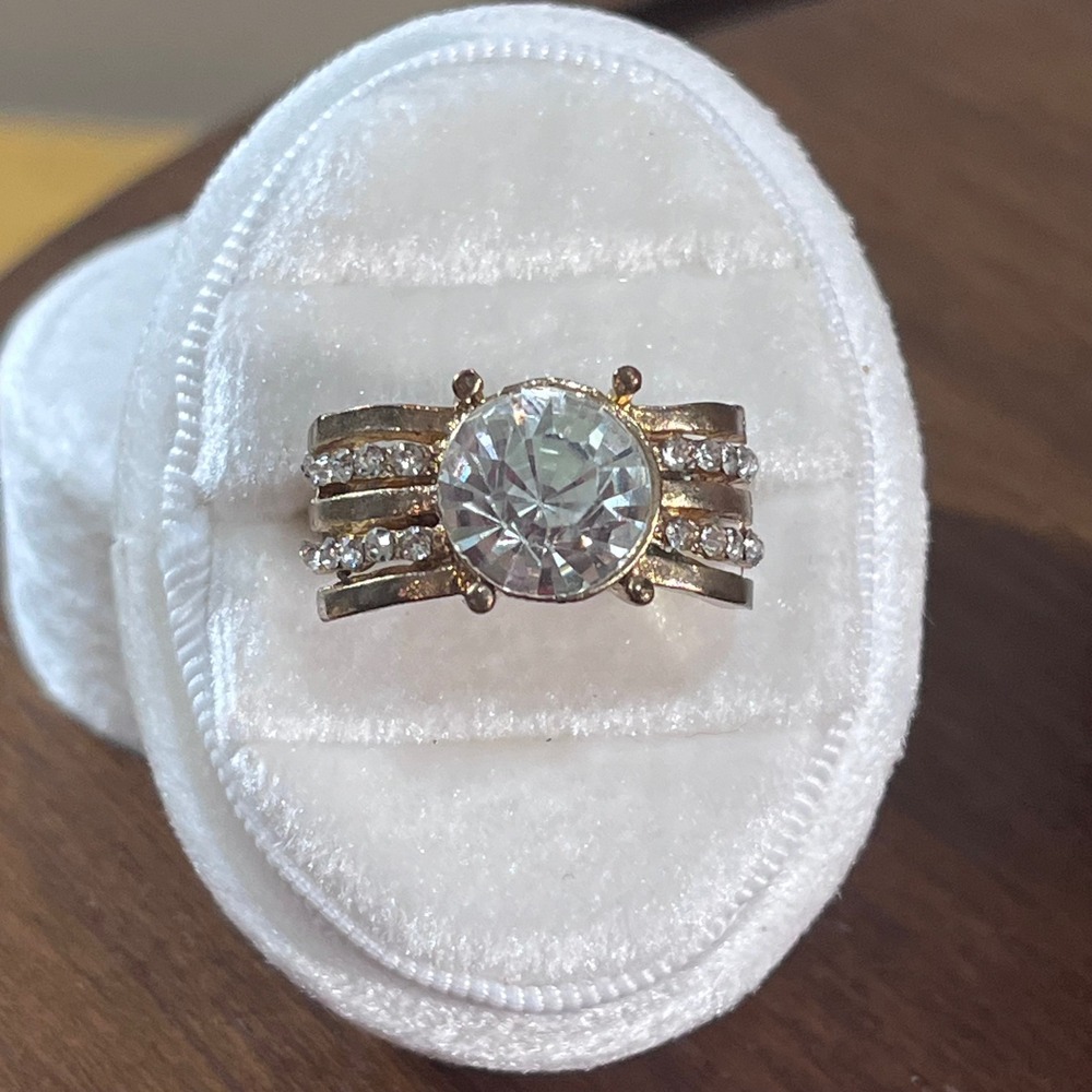 Vtg Large Clear Rhinestone Gold Tone Wide Band Adjustable Cocktail Ring